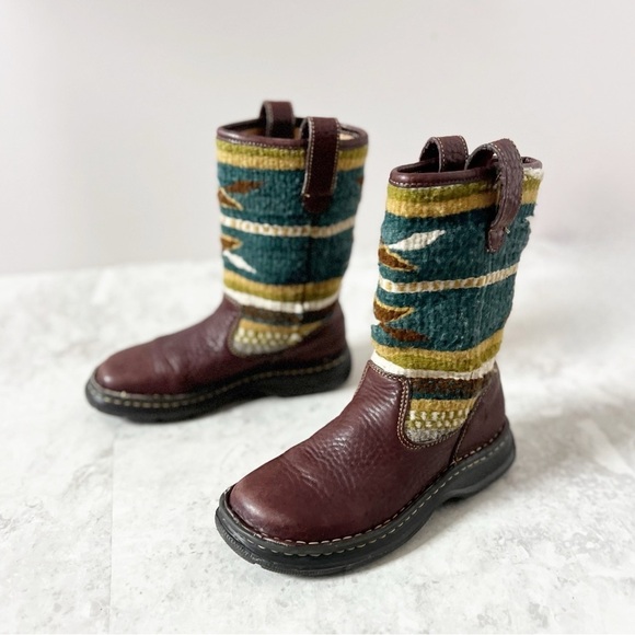 BORN Leather Wool Blanket Aztec Print Boots 36.5 / 6.5 Green Southwestern Boho - Picture 1 of 12